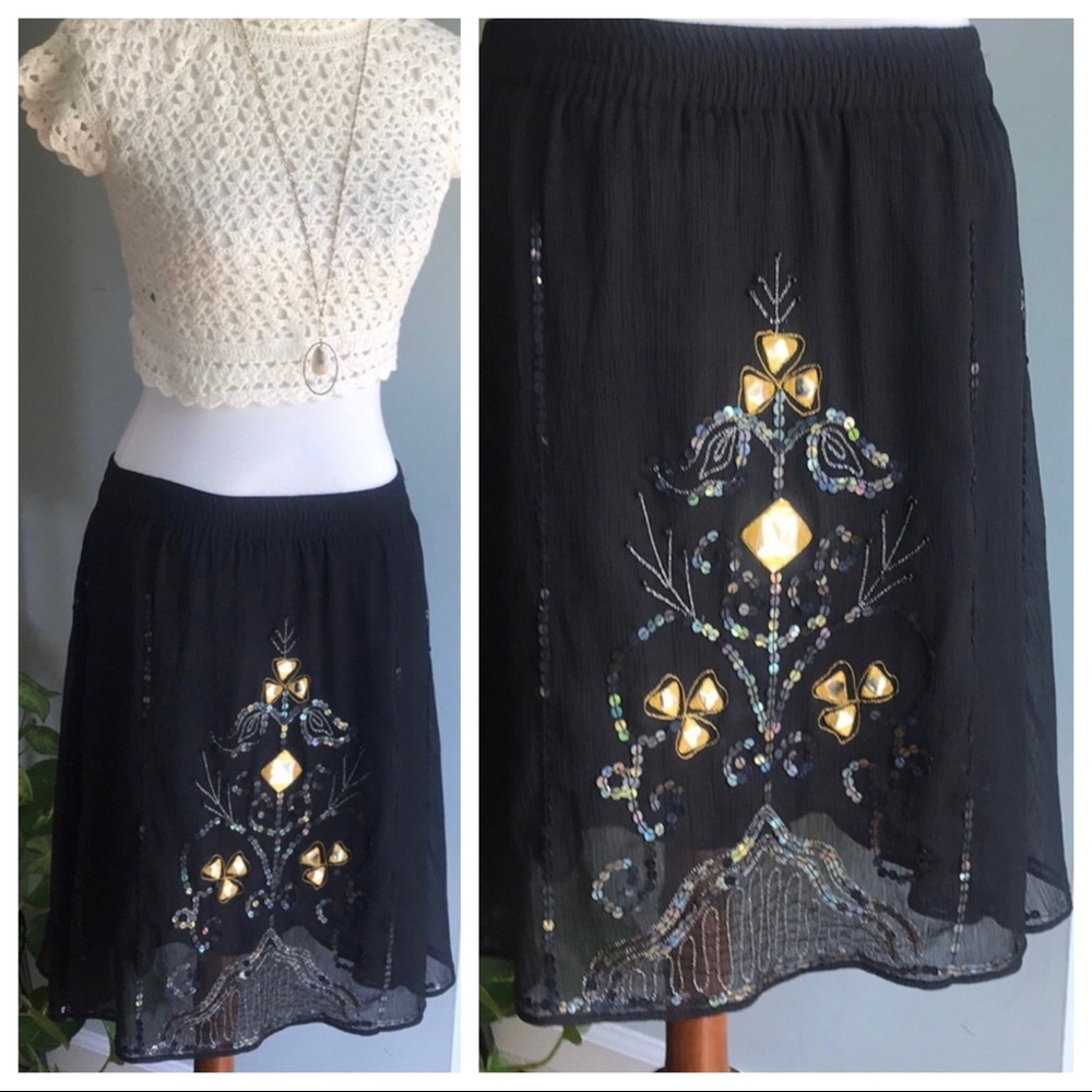 GUC boho Med. DKNY embellished beaded black skirt